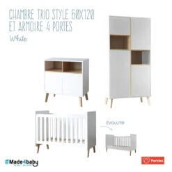 Chambre Trio 60x120 + Armoire 4 Portes PERICLES Style White