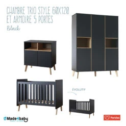 Chambre Trio 60x120 + Armoire 5 Portes PERICLES Style Black